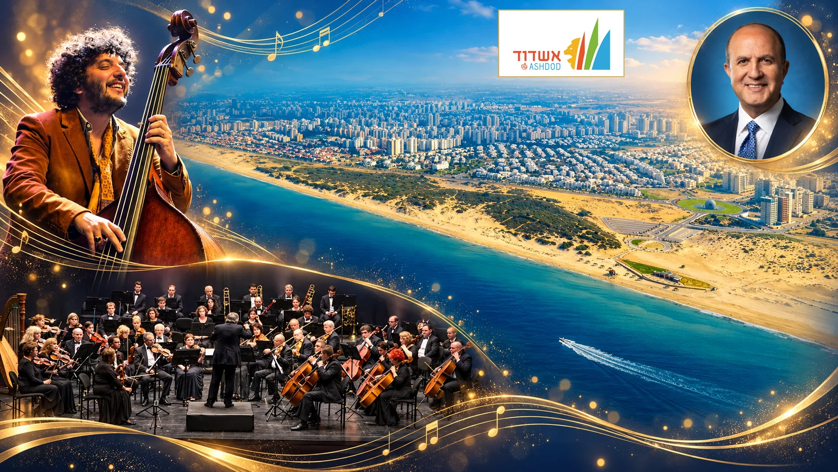 קולאז׳ אמנותי לכבוד 70 שנה לאשדוד: העיר ממבט על, תזמורת האופרה הקאמרית, עומר אביטל, ד״ר יחיאל לסרי ולוגו עיריית אשדוד